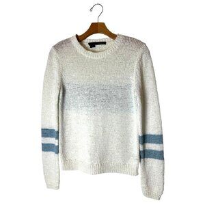 360 Sweater Women Small White Blue Striped Knit Italian Yarn Crew Neck Pullover